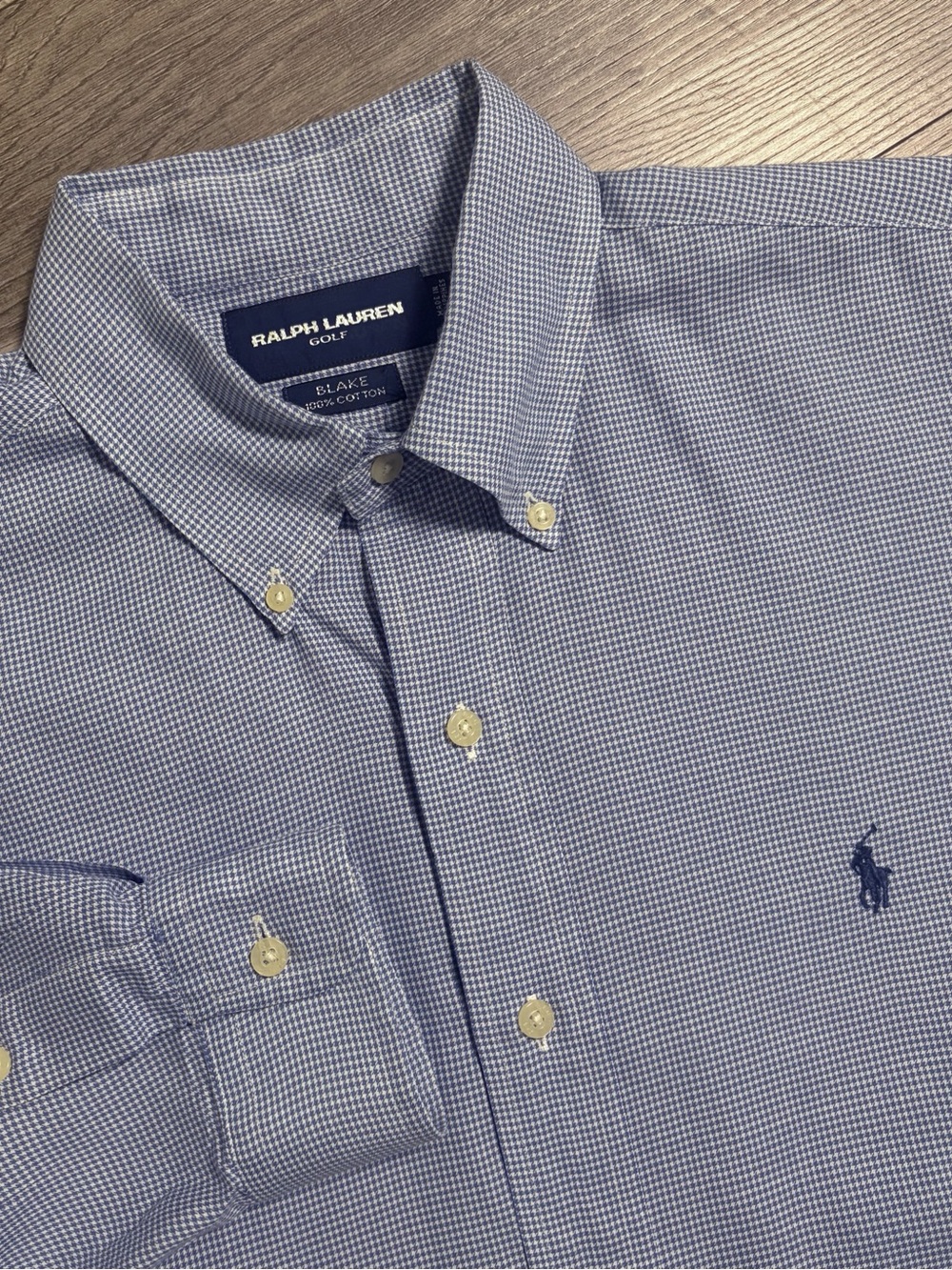 Ralph Lauren Golf Long Sleeve Button Up Shirt Size M Blue Micro Check Plaid Pony